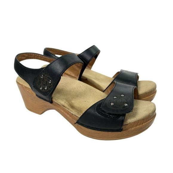 Dansko Black Tooled Leather Open Toe Ankle Strap Studded Block Heel Sandal Sz 37 - Picture 9 of 9